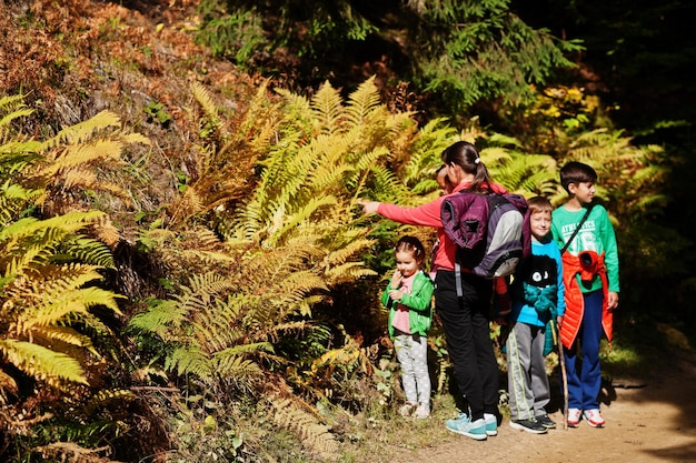 A family hiking in a less crowded section of a national park, showcasing the beauty of visiting during the off-season and avoiding peak tourist times. The scenery is vibrant with fall colors, emphasizing the benefits of off-season travel.