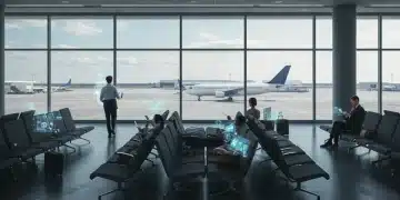 Travelers enjoying seamless 5G connectivity in a modern airport lounge, highlighting future travel experience.