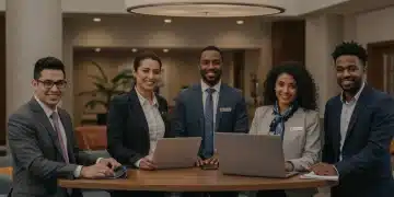 U.S. Travel Labor Shortage 2025: 5 Recruitment Solutions Diverse team in hotel lobby collaboratively addressing travel sector challenges