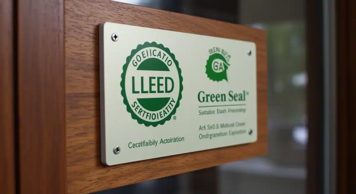 Close-up of a green hotel certification logo, indicating verified sustainability standards.