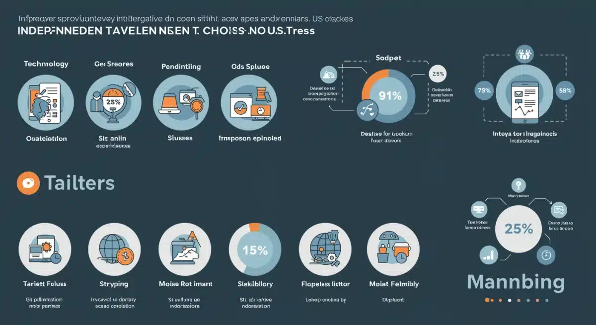 Infographic detailing factors influencing US independent travel choices, including technology, unique experiences, and budget control.