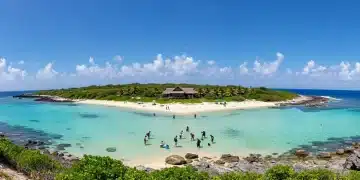 2025 Eco-Travel Surge: 70% US Travelers Prioritize Sustainable Journeys Pristine beach with eco-lodge and travelers cleaning, symbolizing eco-friendly travel priorities.