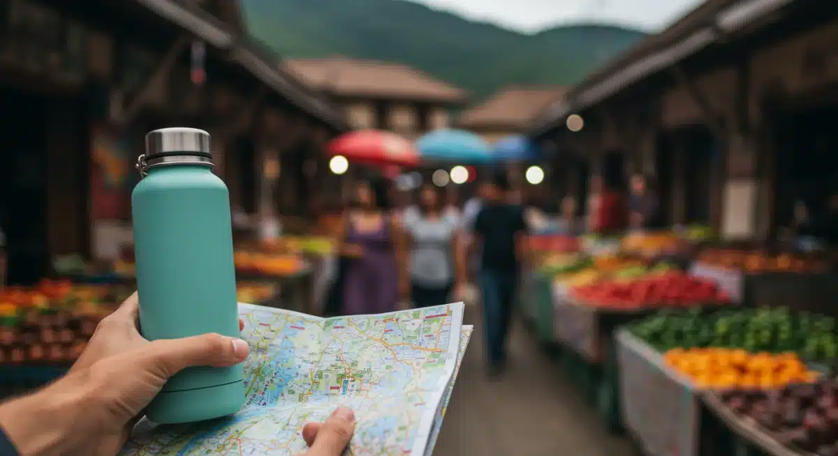 Traveler holding reusable water bottle and map at a local market, promoting sustainable choices.