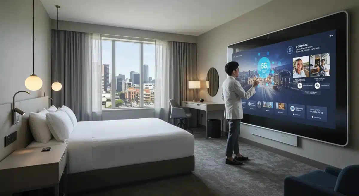 Smart hotel room showcasing 5G integration for personalized guest experiences and automated controls.