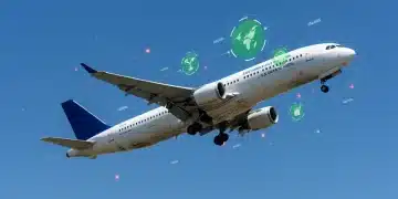 Commercial airplane flying into a green, sustainable future with financial charts.
