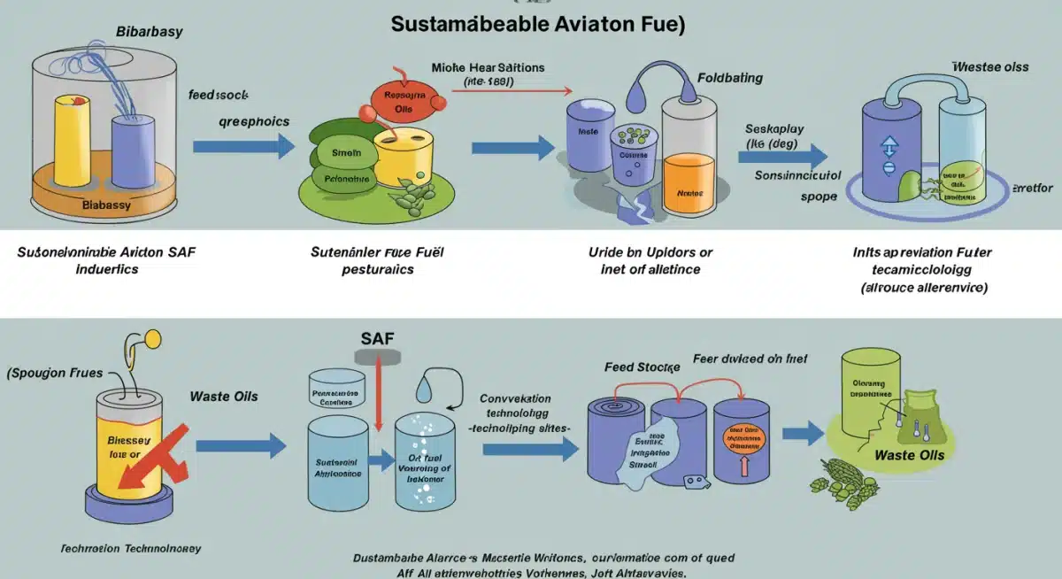Diagram showing the production pathways and feedstocks for Sustainable Aviation Fuel (SAF).