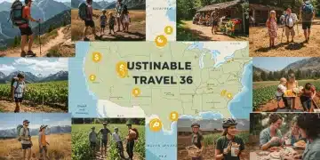 Sustainable US travel collage with financial savings icons