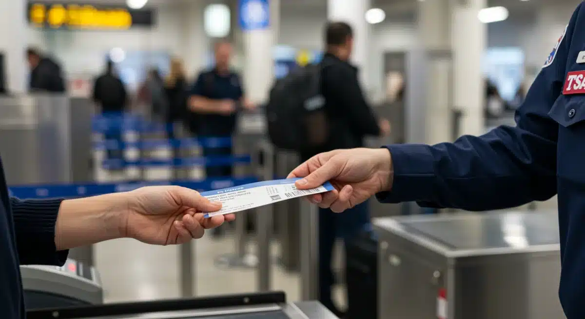 Traveler presenting ID at a fast TSA PreCheck lane, highlighting efficient security process.