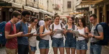 Diverse US travelers independently exploring a vibrant European market, signifying a shift towards self-planned journeys.