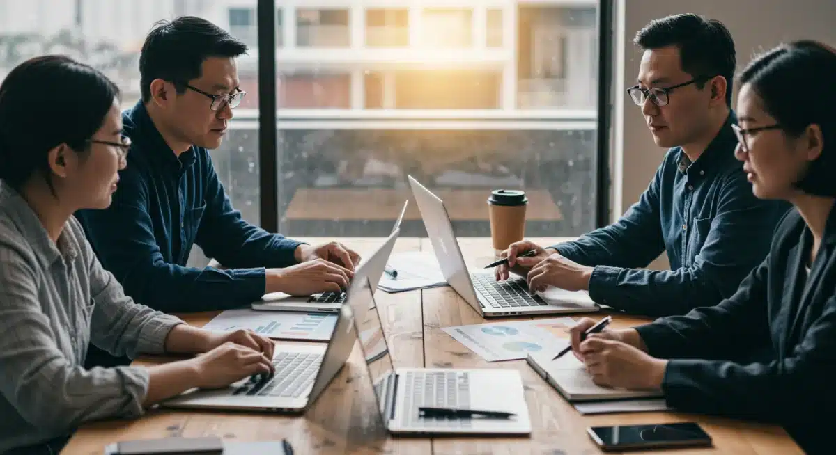 Professionals collaborating on AI compliance and innovation for a travel tech startup.