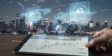 Futuristic cityscape with data lines and travel itinerary on tablet, representing AI impact on travel tech startups.