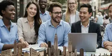 Professionals blending work and leisure in a vibrant US city setting, showcasing the bleisure travel trend.