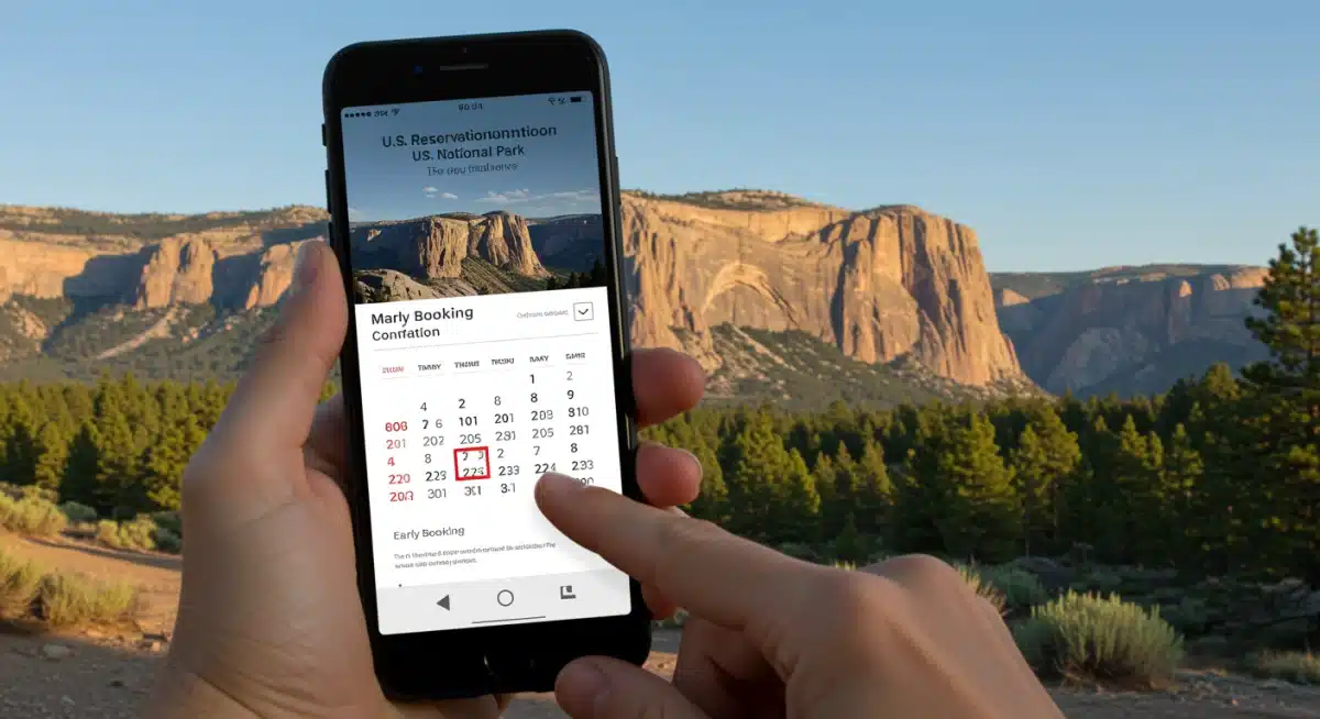 Smartphone displaying a digital reservation confirmation for a US National Park, emphasizing early booking.