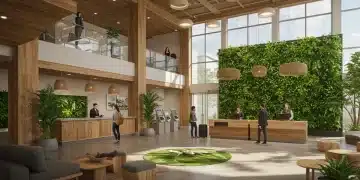 Eco-friendly hotel lobby with natural light and plants, symbolizing sustainable hospitality in the US
