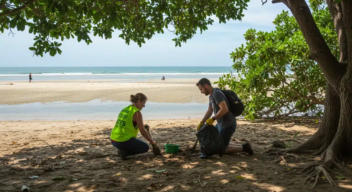 Millennial volunteer planting trees in a community conservation project, highlighting responsible experiential travel.