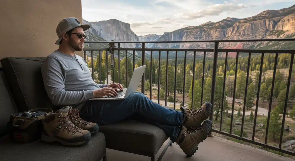Remote worker on a hotel balcony with a scenic national park view, embodying bleisure travel's flexibility.