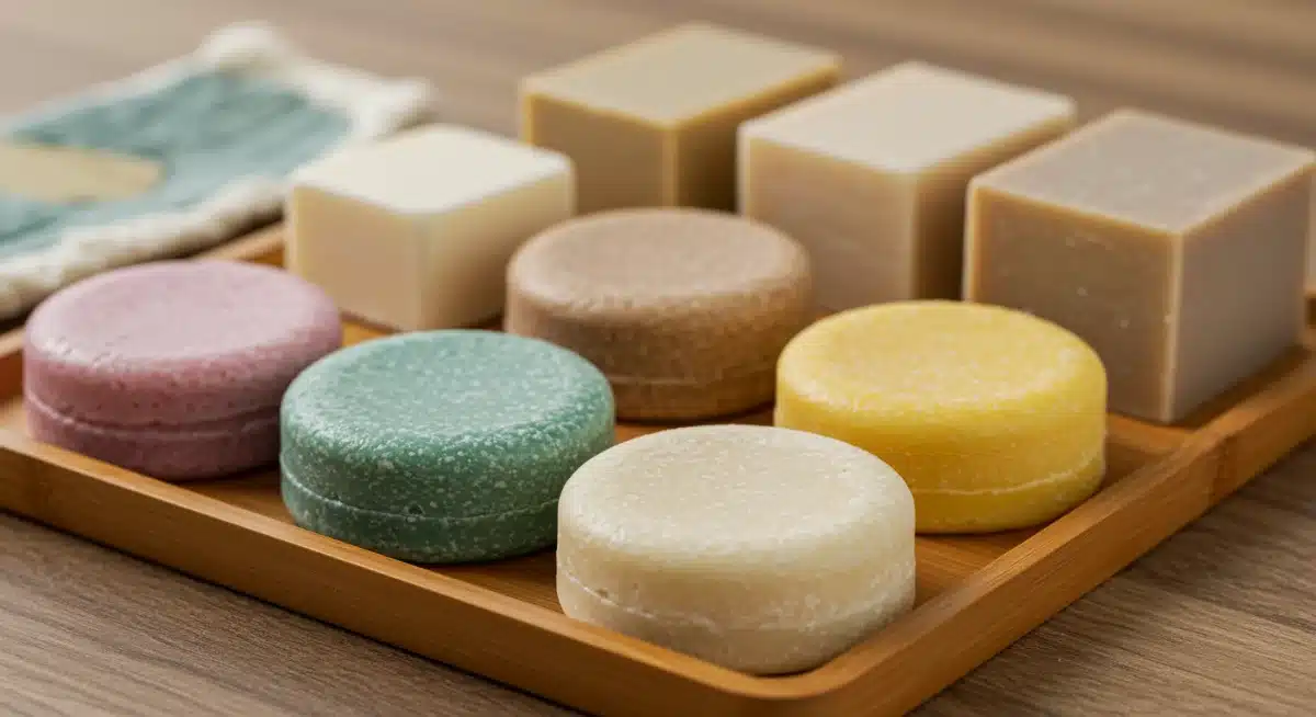 Assortment of solid toiletries for zero-waste travel