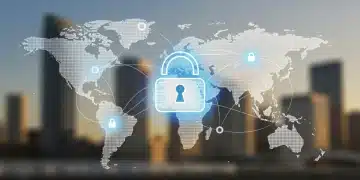 Digital padlock protecting global travel data, cyber security concept