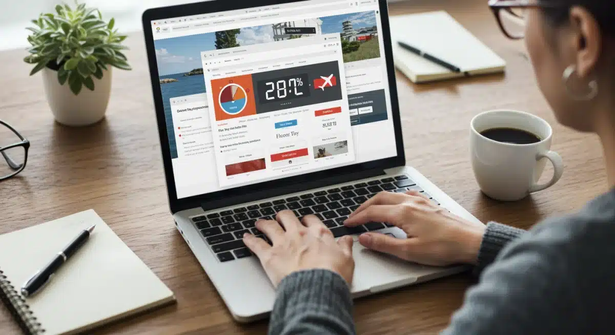 Traveler planning a trip on a laptop, searching for limited-time offers and discounts.