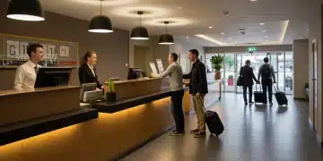 Travelers checking into a busy hotel lobby, symbolizing rising US hotel occupancy