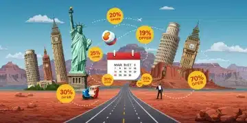 Iconic US landmarks with discount symbols and a 'March 2025' calendar, representing limited-time travel deals.