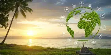 Stylized globe with green leaves and travel icons representing 2025 B Corp travel certifications