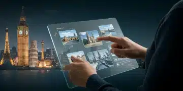 Futuristic traveler using AI for personalized itinerary planning