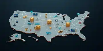 Blockchain network overlaying a U.S. map, symbolizing its integration into the travel industry for enhanced operations.