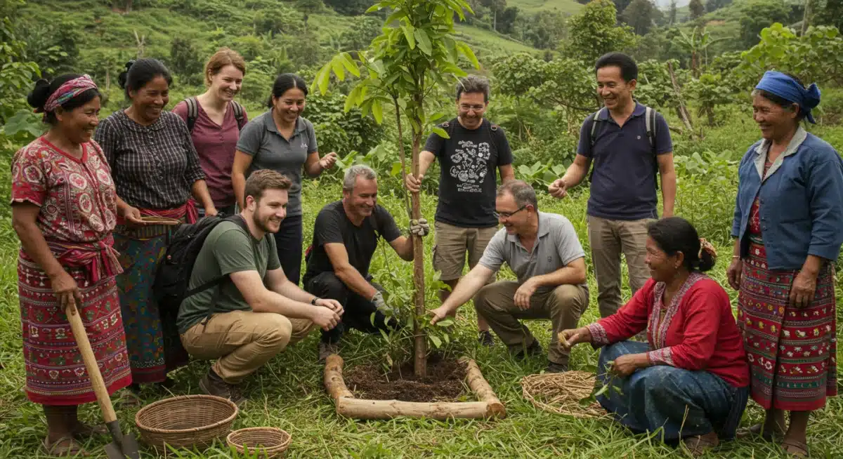 Diverse travelers participating in a community-based tourism project, highlighting social impact