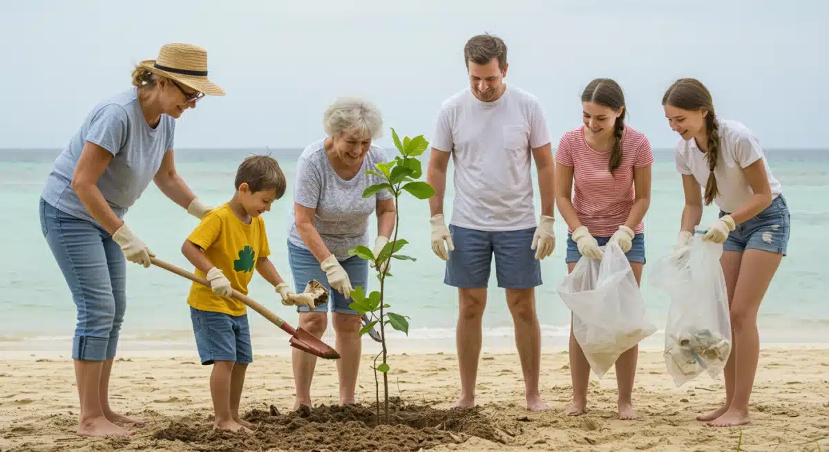 Multi-generational family engaged in a sustainable travel activity