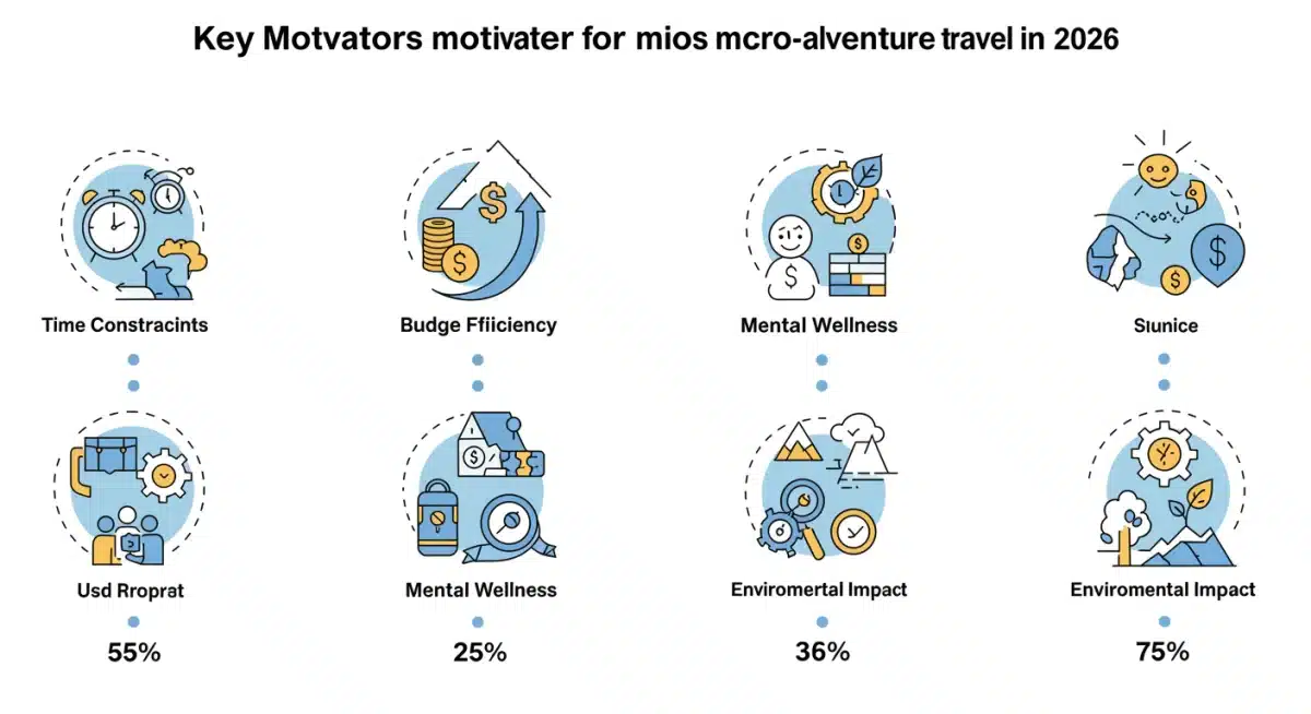 Infographic detailing motivations for micro-adventure travel in 2026, including time, budget, mental wellness, and environmental impact.