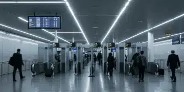 Travelers navigating a modern, efficient airport terminal with digital displays and advanced security, reflecting new FAA regulations.