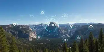 Digital overlay on national park landscape showing carbon tracking