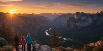 Family enjoying a sunrise view at a US National Park, signifying successful reservation planning for 2026 park access.