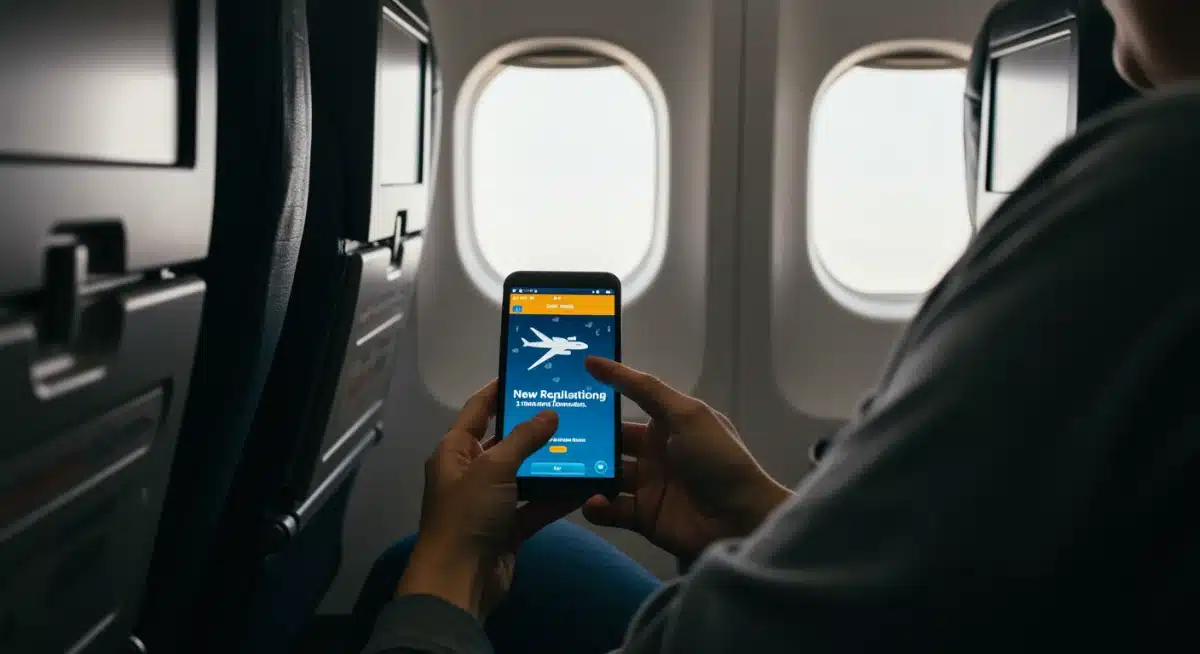 Passenger checking flight details and new FAA rules on a mobile device inside a modern airplane cabin.