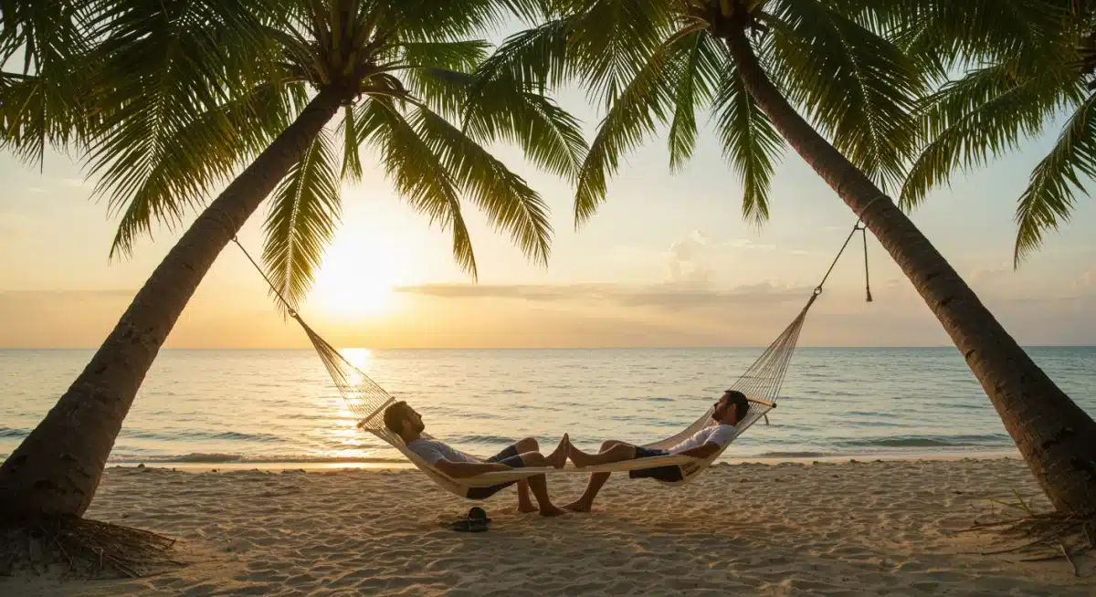 Couple relaxing in hammocks on a serene beach during a micro-cation