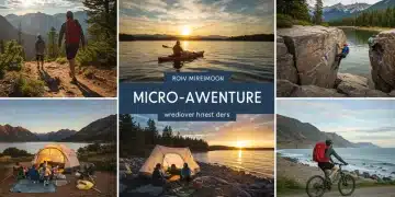Diverse micro-adventure activities in the US, including hiking, kayaking, rock climbing, glamping, and cycling, representing short, high-impact travel experiences.