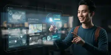 Futuristic traveler interacting with AI for U.S. travel planning