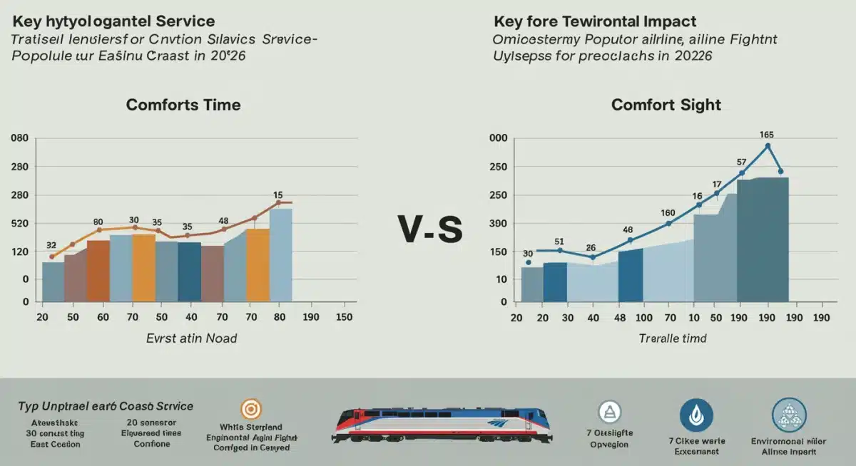 Infographic comparing Amtrak and regional airline travel metrics for East Coast routes in 2026.
