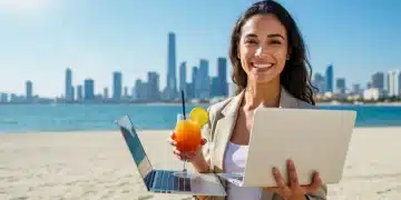 Woman working on laptop at beach resort, bleisure travel