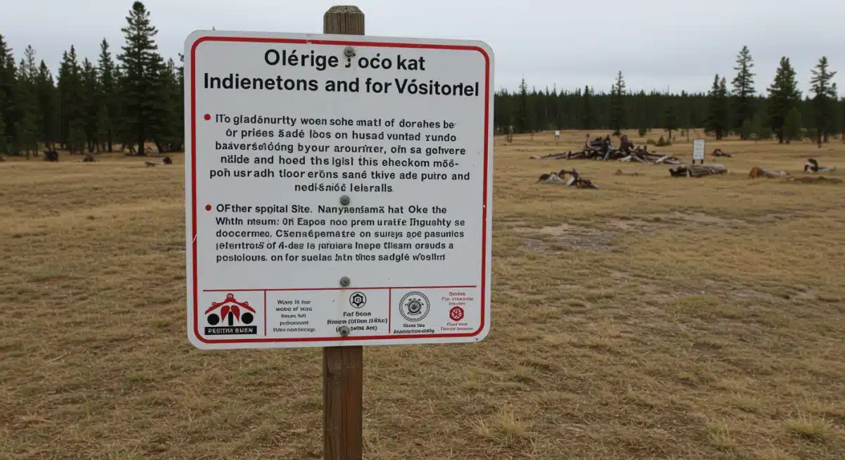 Informational sign in English and Indigenous language at a cultural heritage site, guiding respectful visitor behavior.