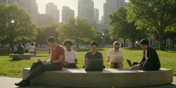 Digital nomads working remotely in a modern urban park, enjoying US travel incentives 2026