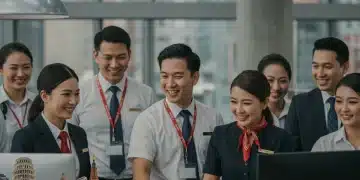 Diverse travel industry workers collaborating with technology in a modern office setting.