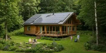 Modern eco-lodge in a forest, solar panels, family enjoying nature, ethical travel savings.
