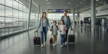 Family traveling through a modern US airport, representing robust domestic travel insurance.