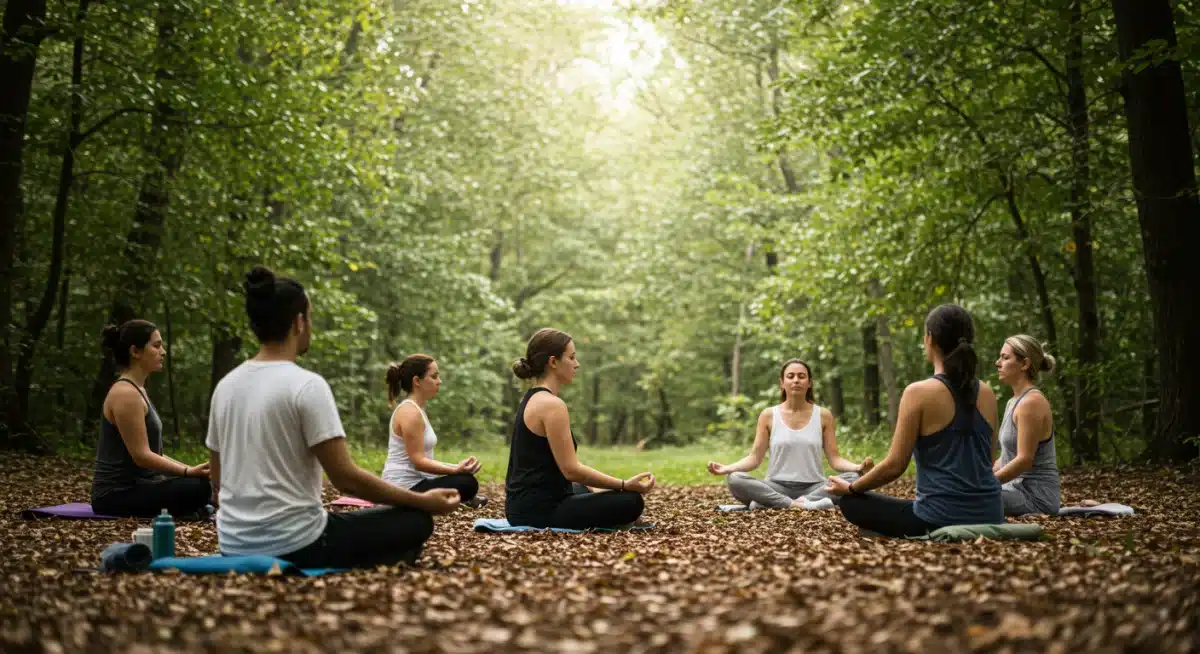 Guided meditation in a peaceful forest setting, fostering mindfulness and mental well-being.