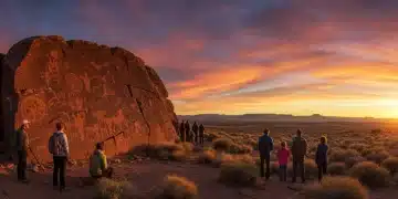 Travelers respectfully viewing ancient Indigenous petroglyphs at sunset, symbolizing cultural heritage protection.