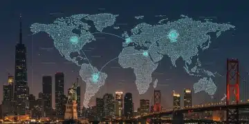 Digital representation of optimized travel supply chain with global connections and data analytics.