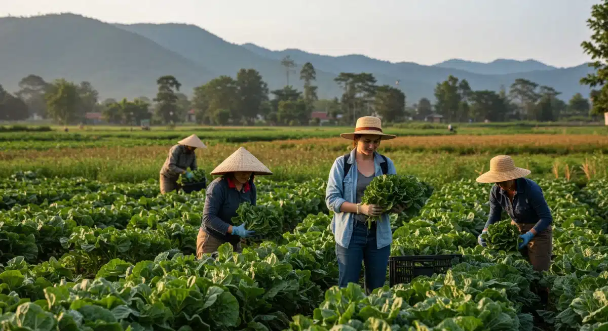 Traveler participating in sustainable farming, community engagement