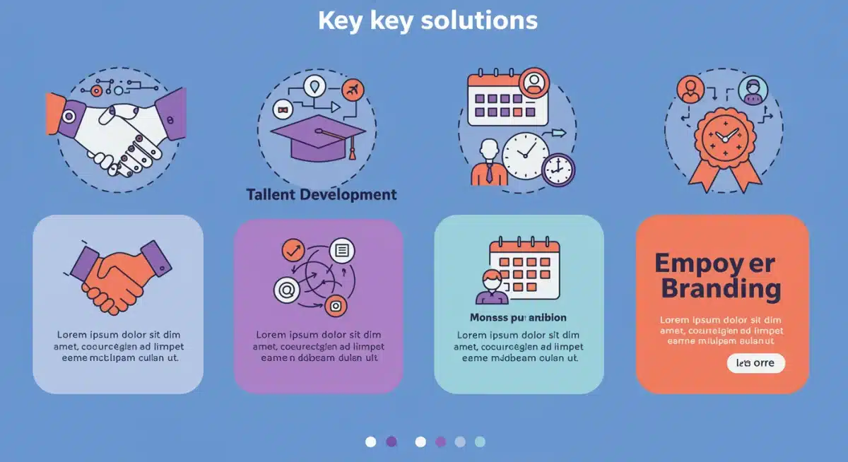 Infographic showing four key solutions for travel industry labor shortage: technology, talent development, flexible work, and employer branding.